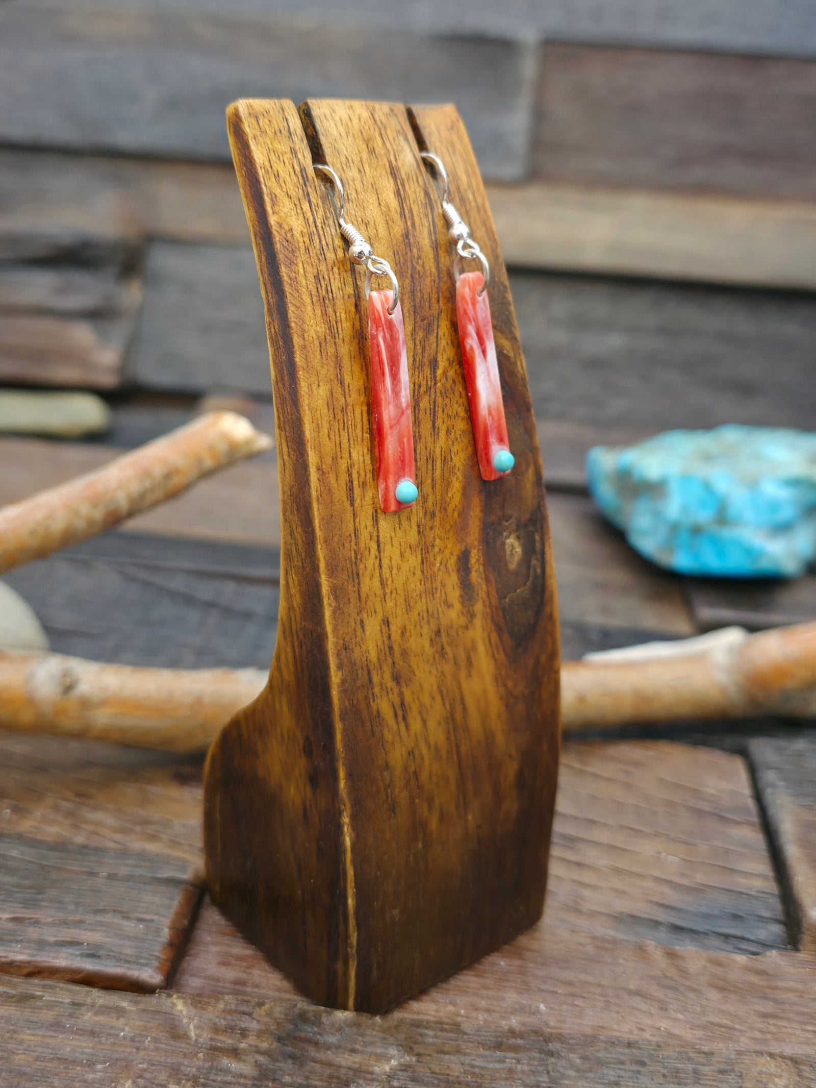 Orange Spiny Oyster and Turquoise Dangle Earrings by Jesus Espino - 2 in. by 1/4 in.