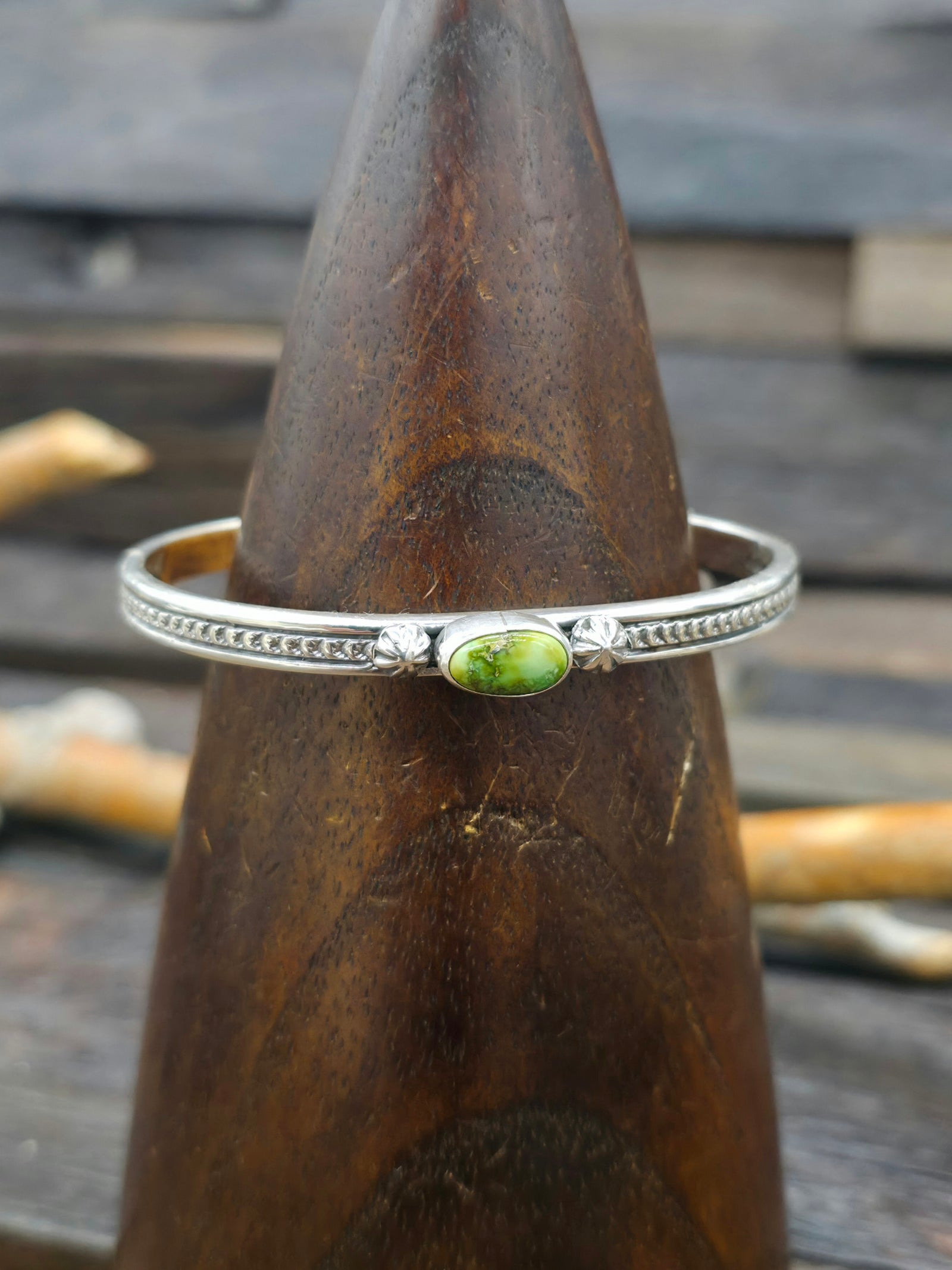 Single-Stone Green Turquoise Sterling Silver Cuff by June Delgarito - 6 1/2 in.