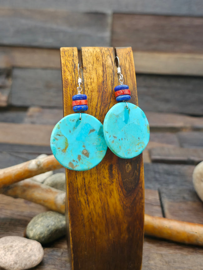 Turquoise Slab Earrings with Lapis and Apple Coral by Lupe Lovato - 2 1/4 in. by 1 1/4 in.