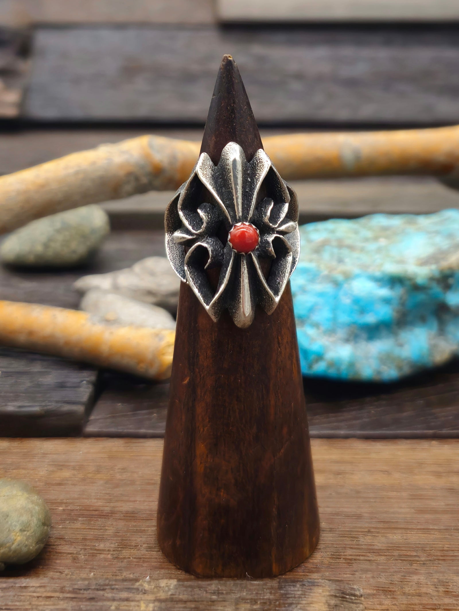 Cast Sterling Silver and Coral Ring by Aaron Anderson - Size 9