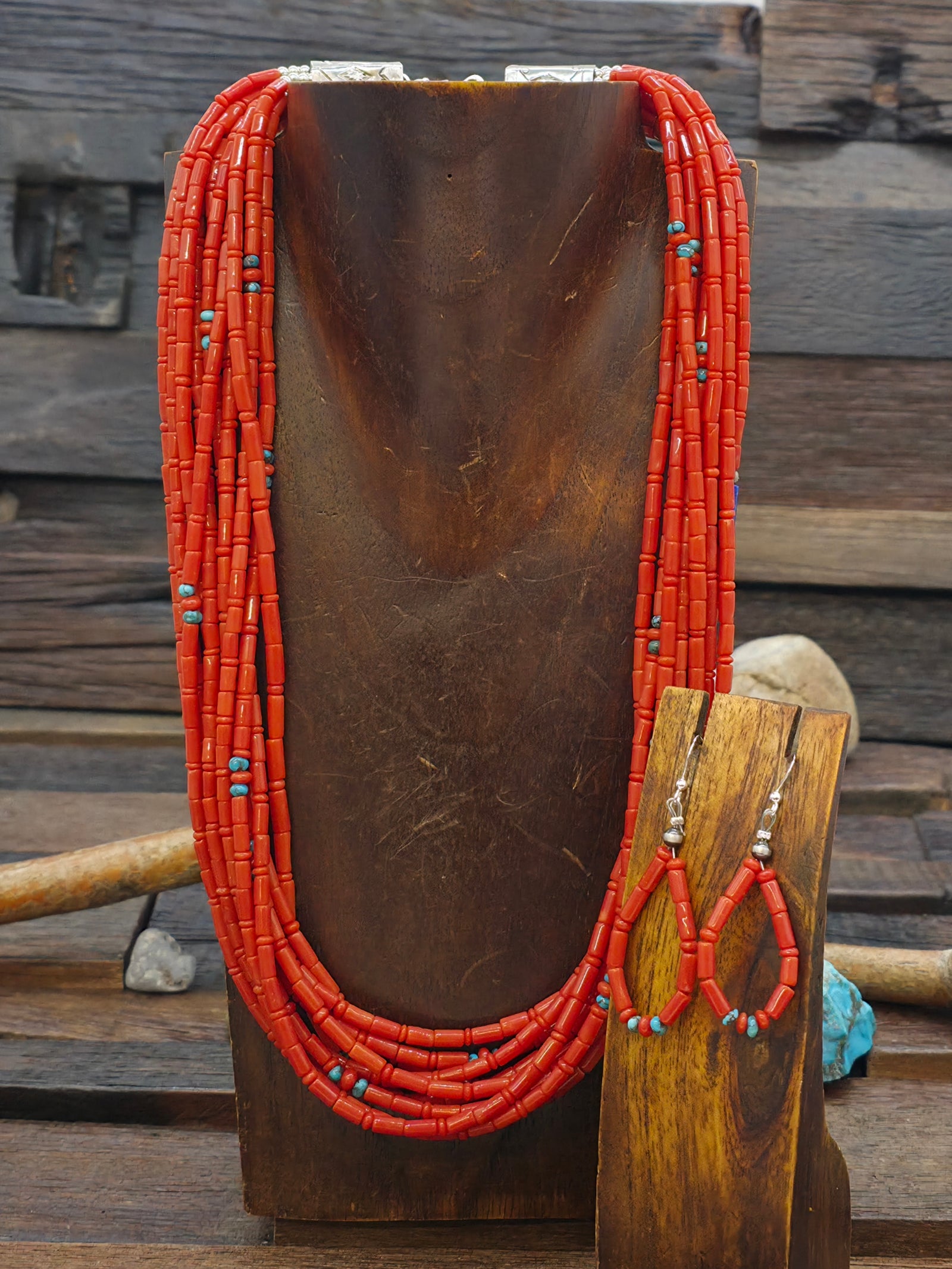 Ten Strand Coral and Turquoise Bead Necklace and Earring Set by Fred Archuleta - 22 in. plus 6 in. Extender