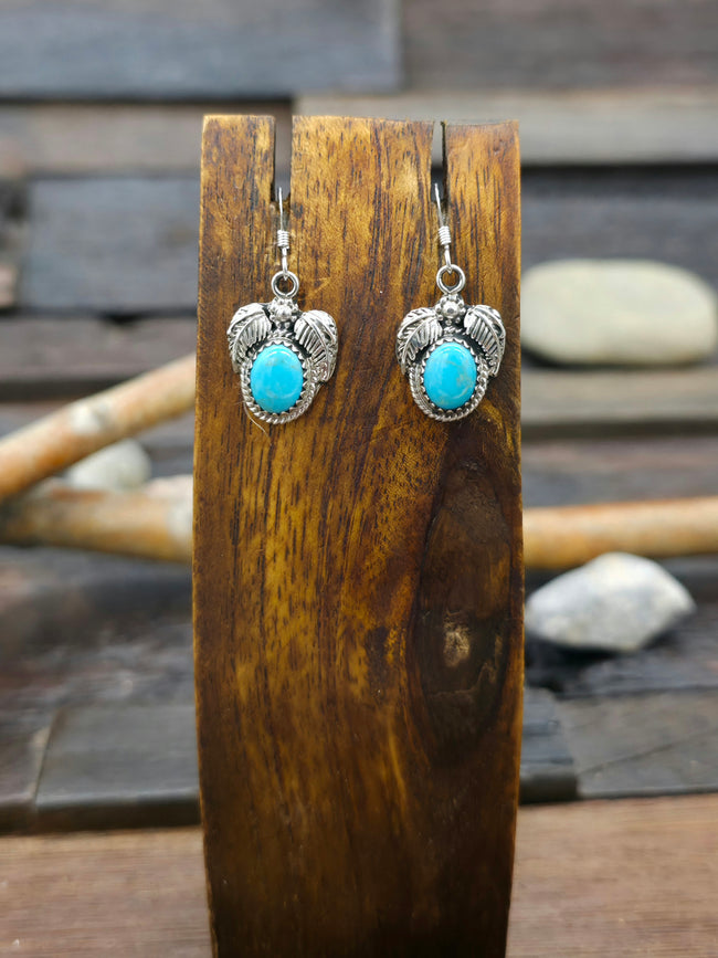 Leaf Applique Sterling Silver and Blue Turquoise Earrings by Sharon McCarthy