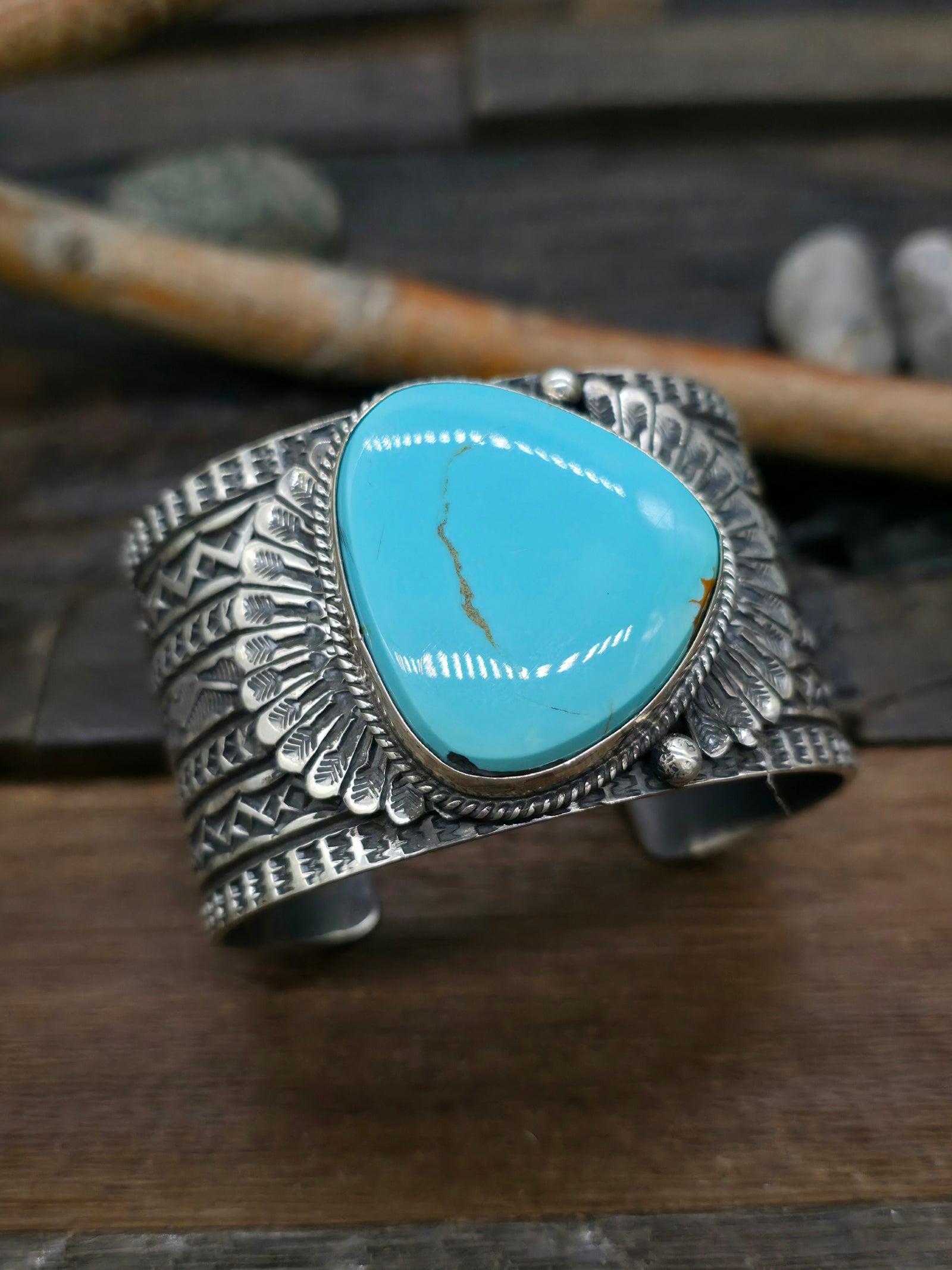 Stamped Sterling Silver Turquoise Cuff by Sunshine Reeves - 7 in.