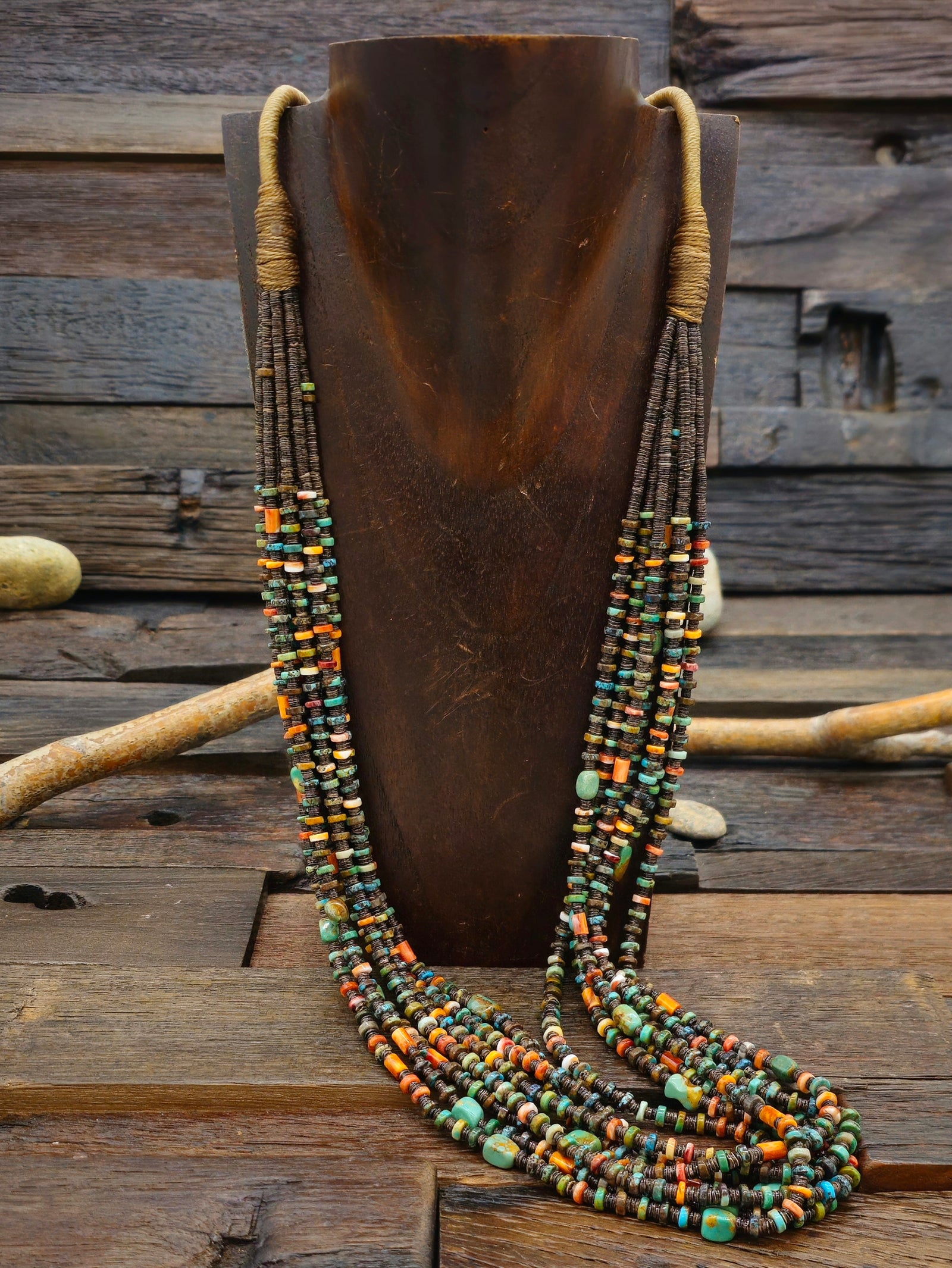 Seven Strand Turquoise, Orange Spiny, and Heishi Necklace by Daniel Coriz - 32 in.