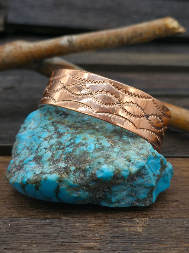 Stamped Copper Cuff with Ovals Design by Elaine Tahe - 7 1/8 in. w/gap