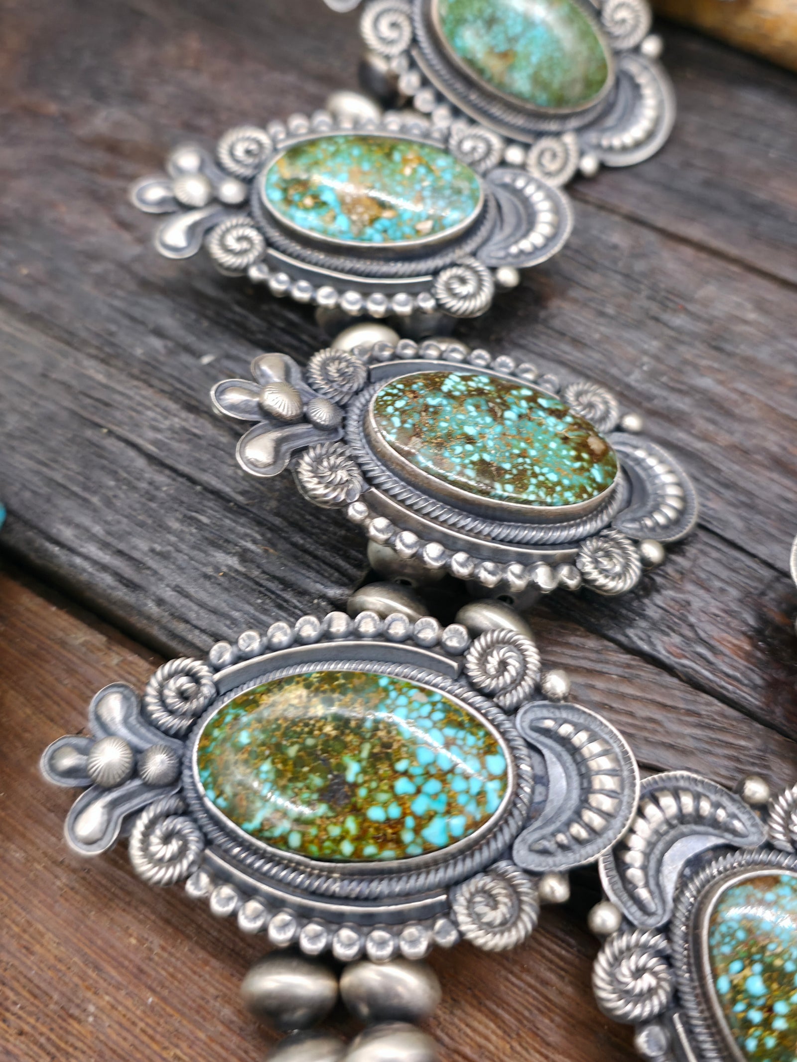 Stamped Sterling Silver and Ceremonial Kingman Turquoise Squash Blossom Necklace by Leon Martinez - 26 in.