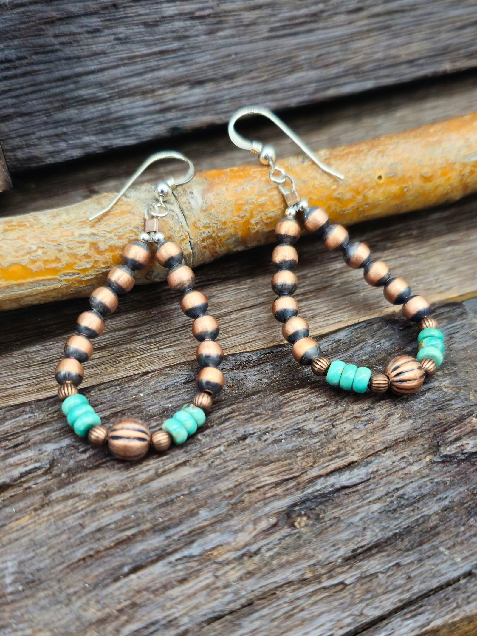 Copper Bead Teardrop Earrings with Green Turquoise