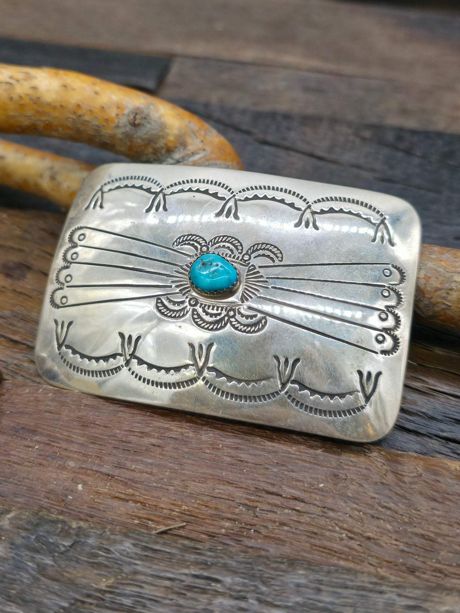 One Stone Stamped Sterling Silver and Turquoise Belt Buckle by Joanne Silver - 3" by 2"