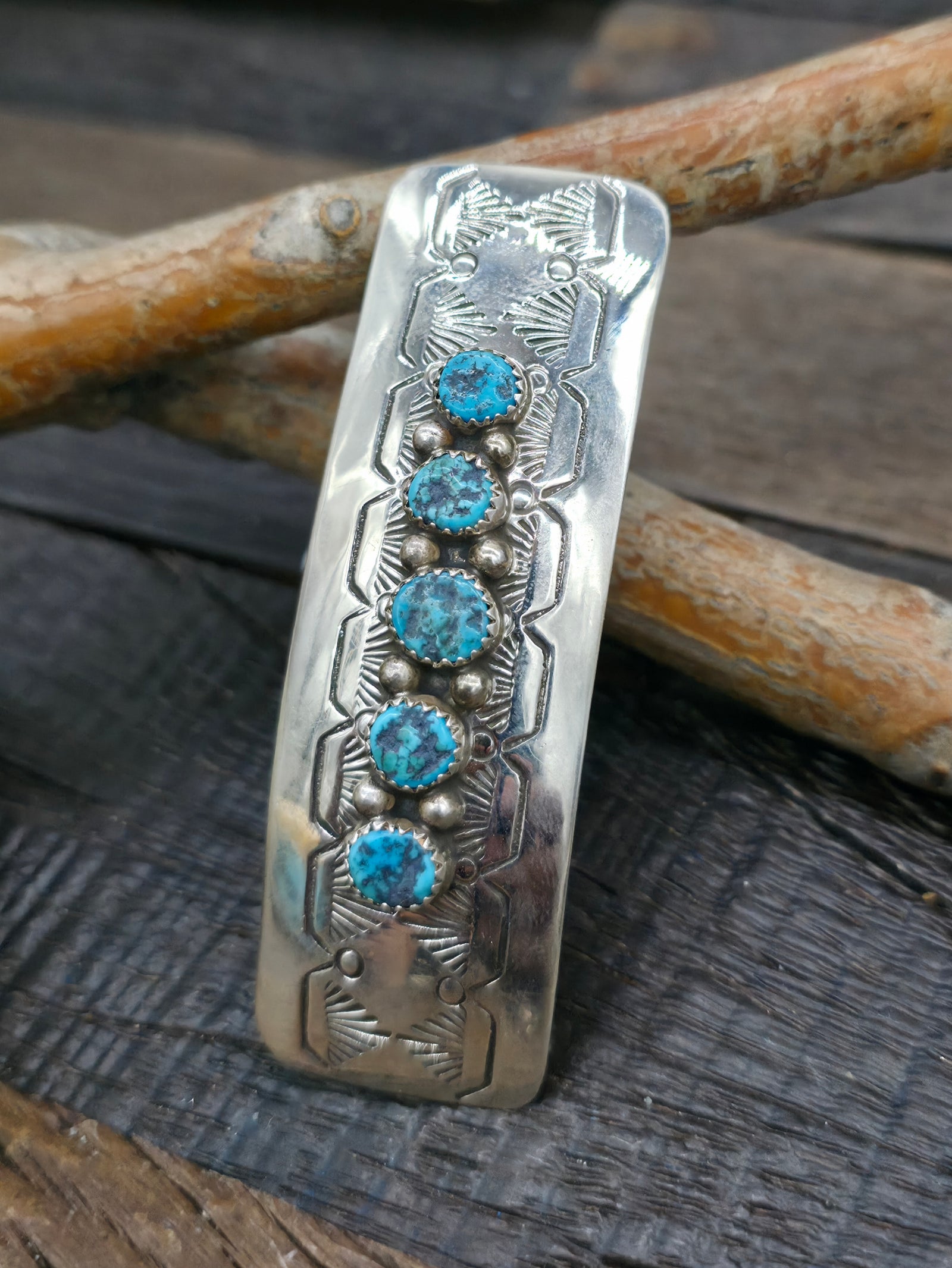 Five-Stone Sterling Silver and Turquoise Barrette by Jolene Begay - 3 in. by 1 in.