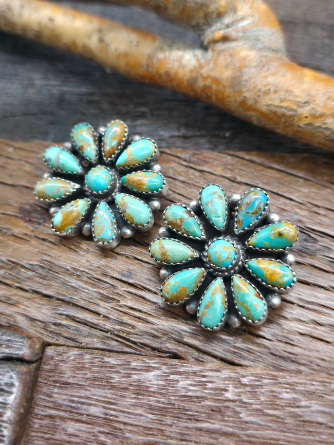 Sterling Silver Green Turquoise Post Earrings by Delma Smith - 1 1/4 in.