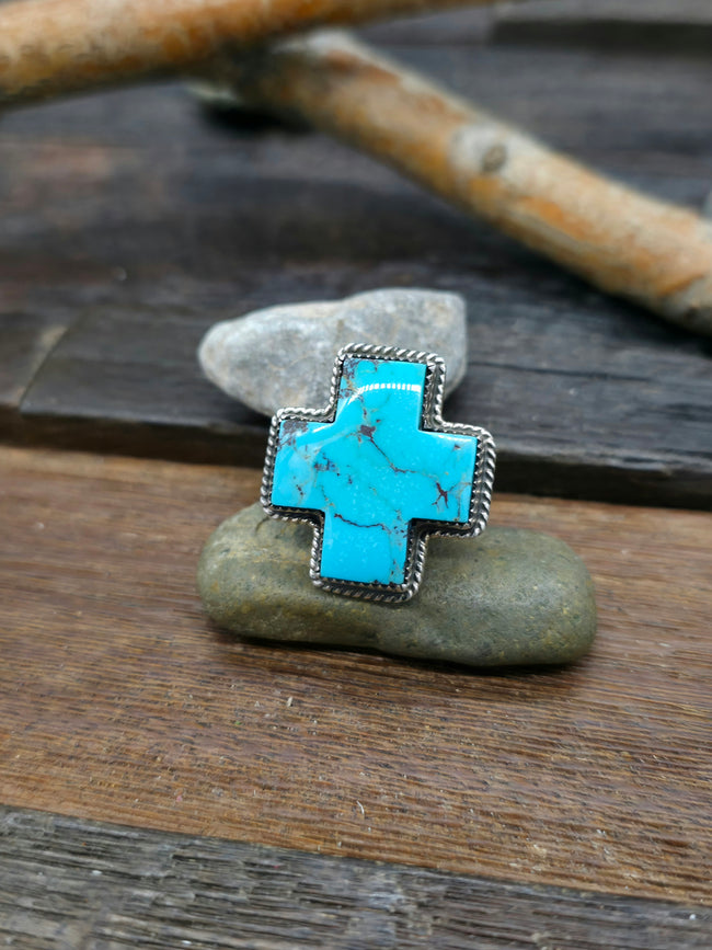 Sterling Silver Turquoise Santa Fe Cross Ring by L. Archuleta - Size 9