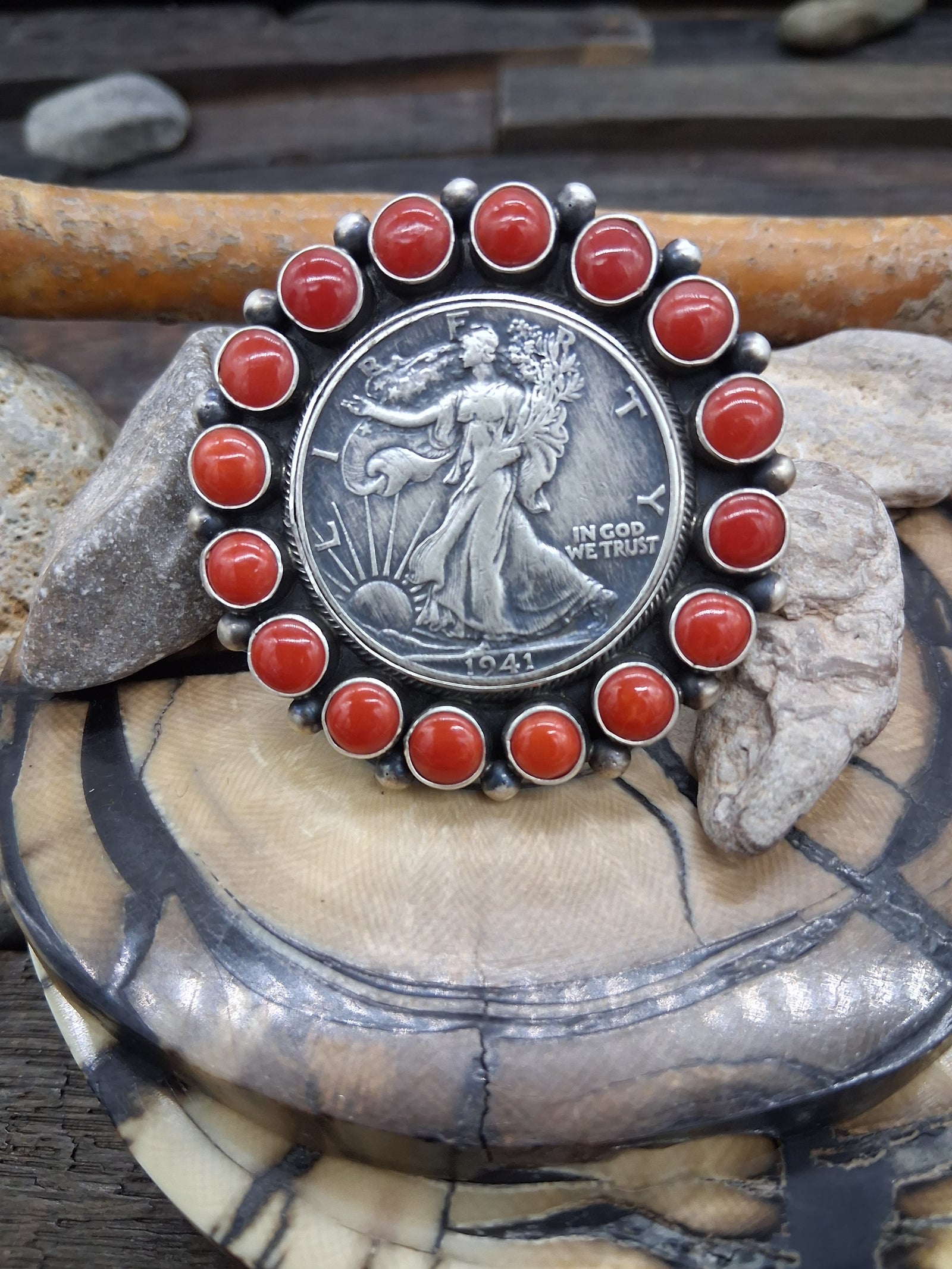 Liberty Coin Coral Ring Adjustable by Kathleen Livingston