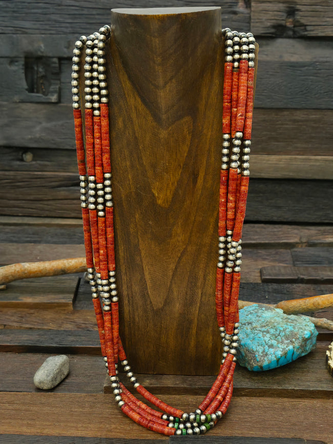 Four Strand Apple Coral Sterling Silver and Turquoise Heishi Necklace by Fred Archuleta - 32 in.
