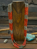 Four Strand Apple Coral Sterling Silver and Turquoise Heishi Necklace by Fred Archuleta - 32 in.