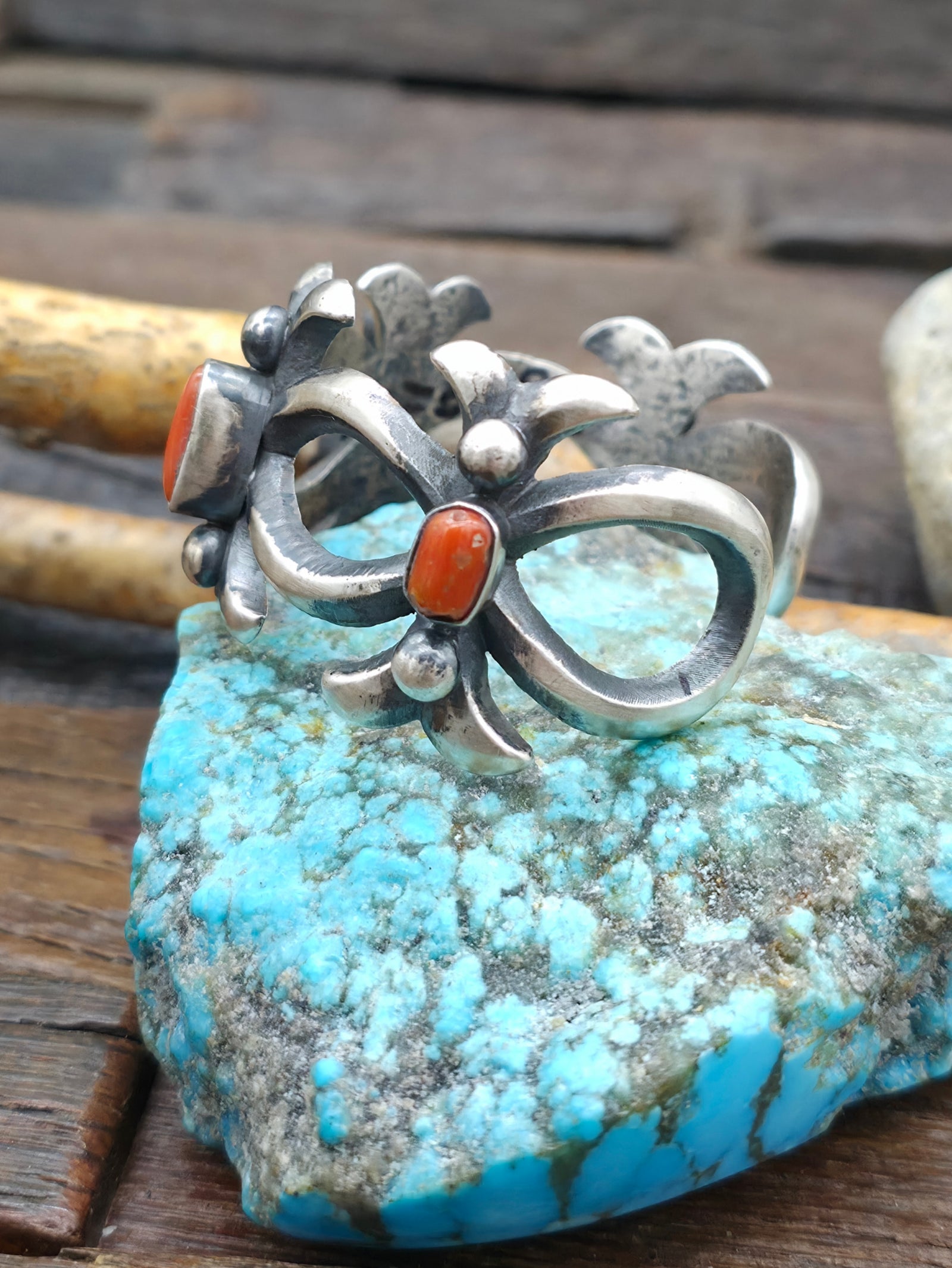 Four Stone Coral and Cast Sterling Silver Cuff - 6 in. w/gap
