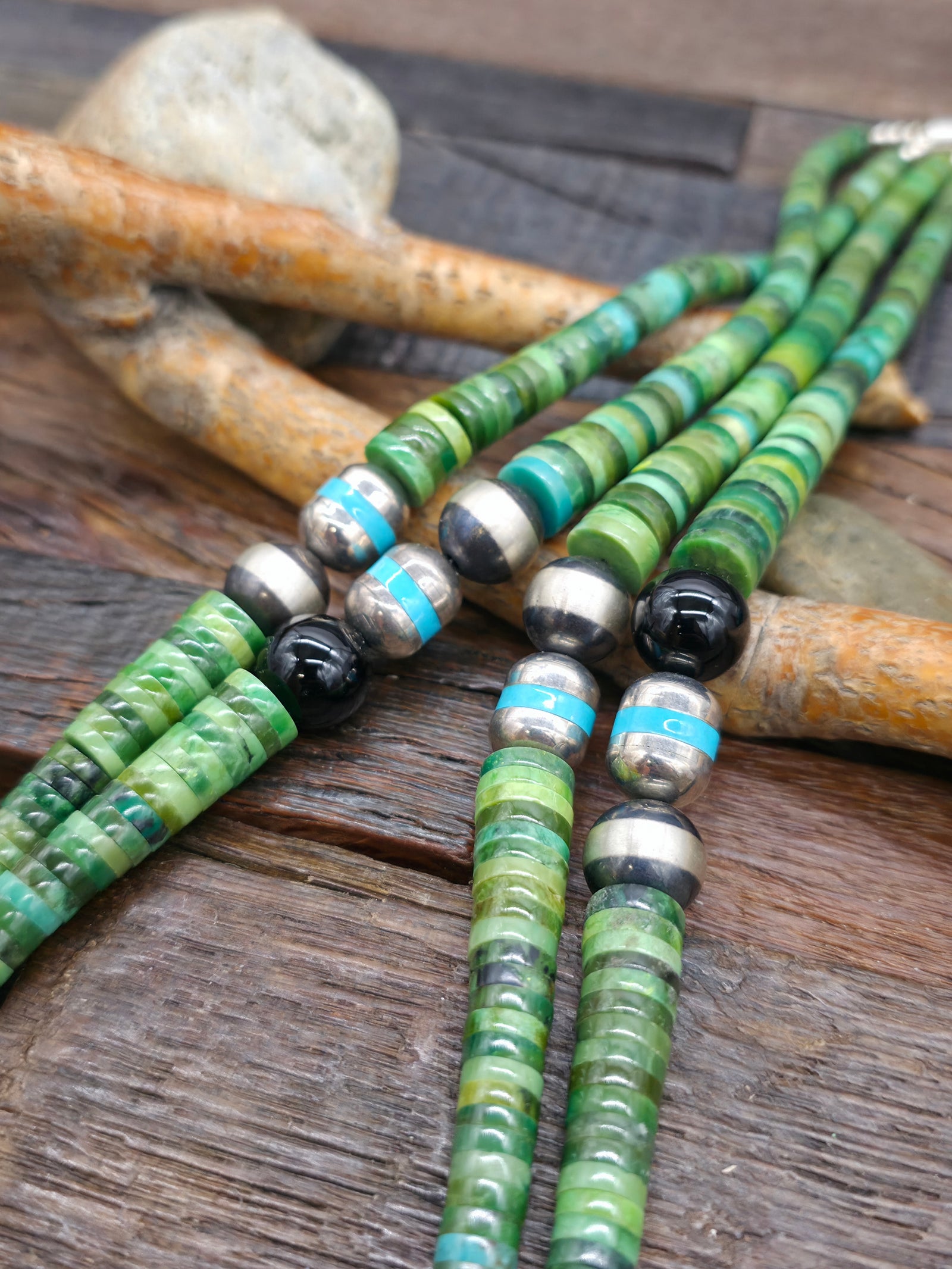 Two Strand Green Turquoise Heishi Necklace with Sterling Silver and Onyx Beads by Fred Archuleta - 24 in.
