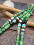 Two Strand Green Turquoise Heishi Necklace with Sterling Silver and Onyx Beads by Fred Archuleta - 24 in.