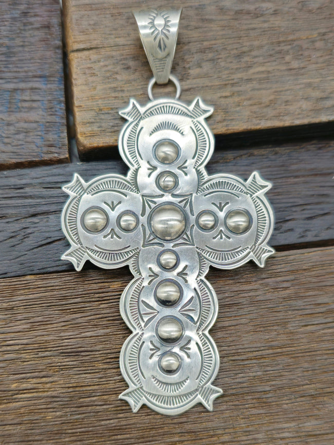 Sterling Silver Cross Pendant with Repousse Stamp Work