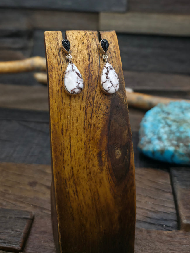 Sterling Silver Onyx and Wild Horse Earrings by Sheryl Martinez - 1 1/4 in. by 3/8 in.