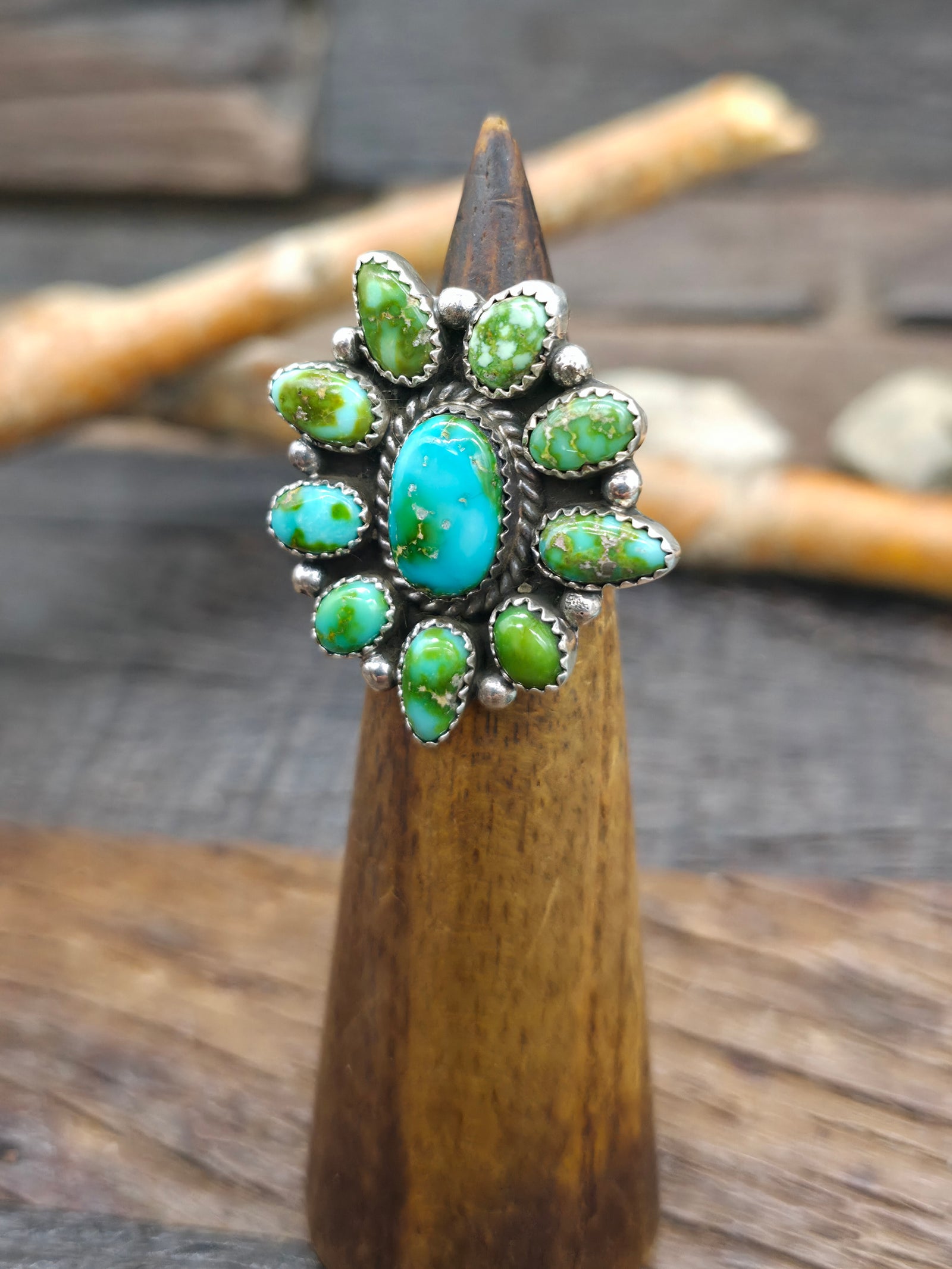 Sterling Silver Sonoran Turquoise Cluster Ring by Linda Yazzie - Size 6