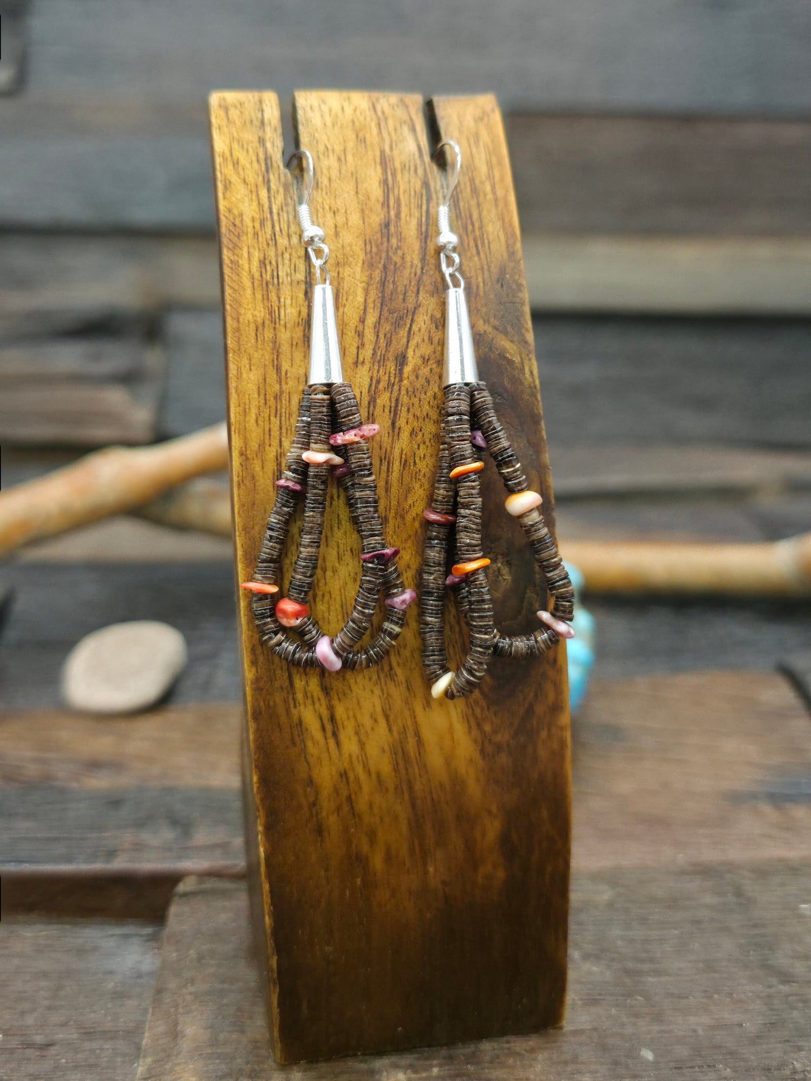 Heishi and Purple and Orange Spiny Nugget Bead Earrings by Ramona Bird - 3 in. by 3/4 in.