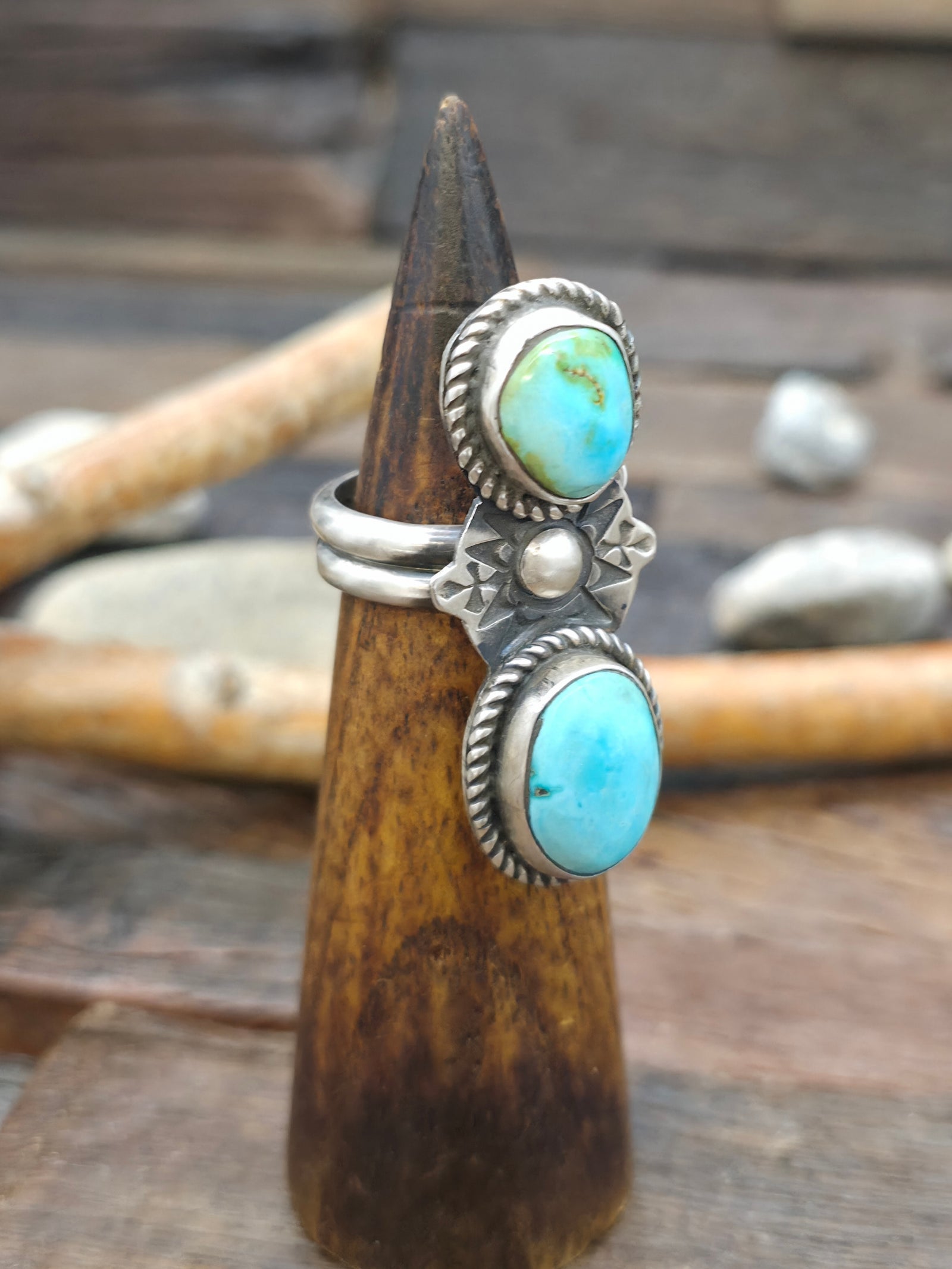 Sterling Silver Two-Stone Sonoran Turquoise Ring by Jacob Troncosa - Adjustable