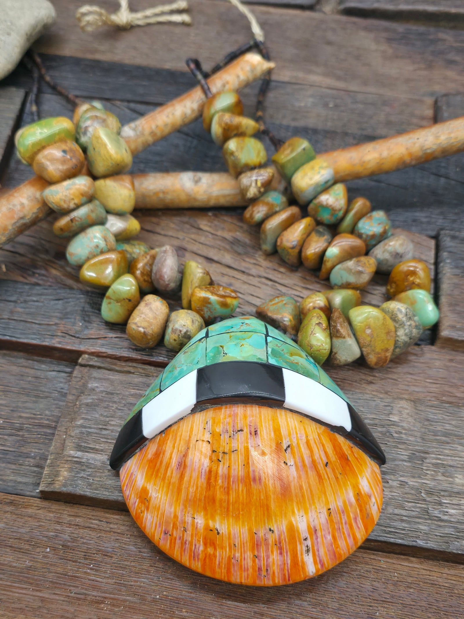 Two Strand Heishi and Green Turquoise Nugget Necklace with Mosaic Inlaid Spiny Oyster Pendant by Colbert Sherman - 28 in.