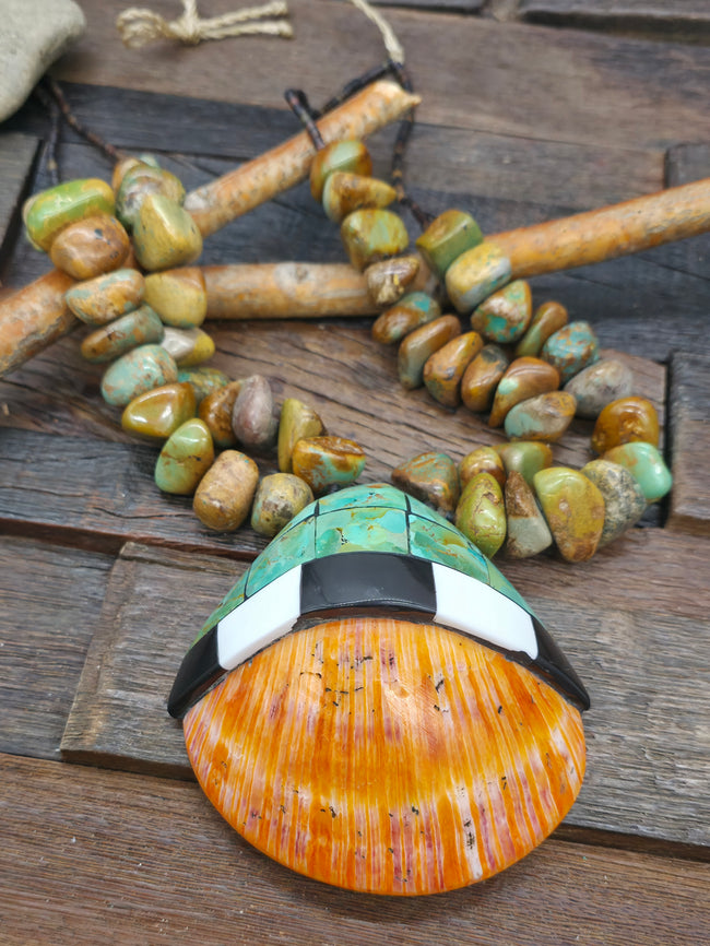 Two Strand Heishi and Green Turquoise Nugget Necklace with Mosaic Inlaid Spiny Oyster Pendant by Colbert Sherman - 28 in.