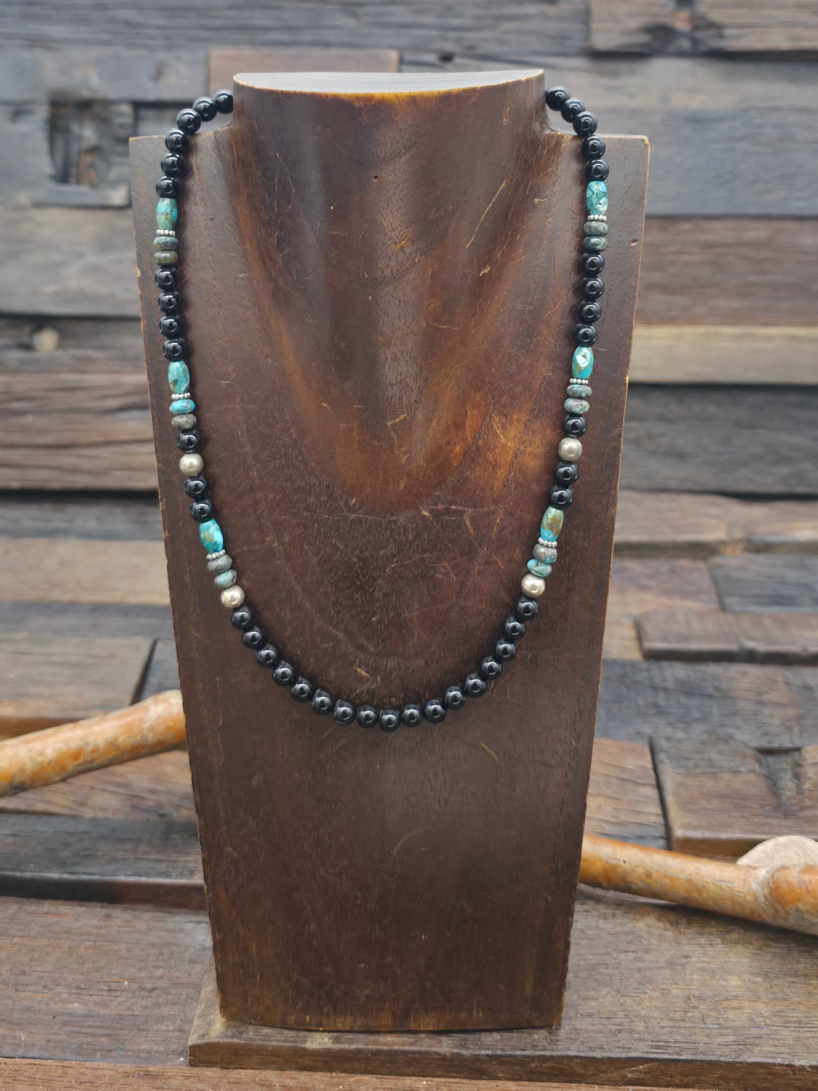 Onyx and Turquoise Bead Necklace w/Sterling Silver by Rose Singer - 18 in.