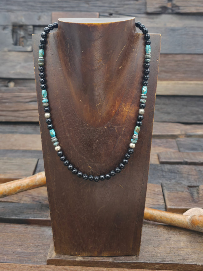 Onyx and Turquoise Bead Necklace w/Sterling Silver by Rose Singer - 18 in.