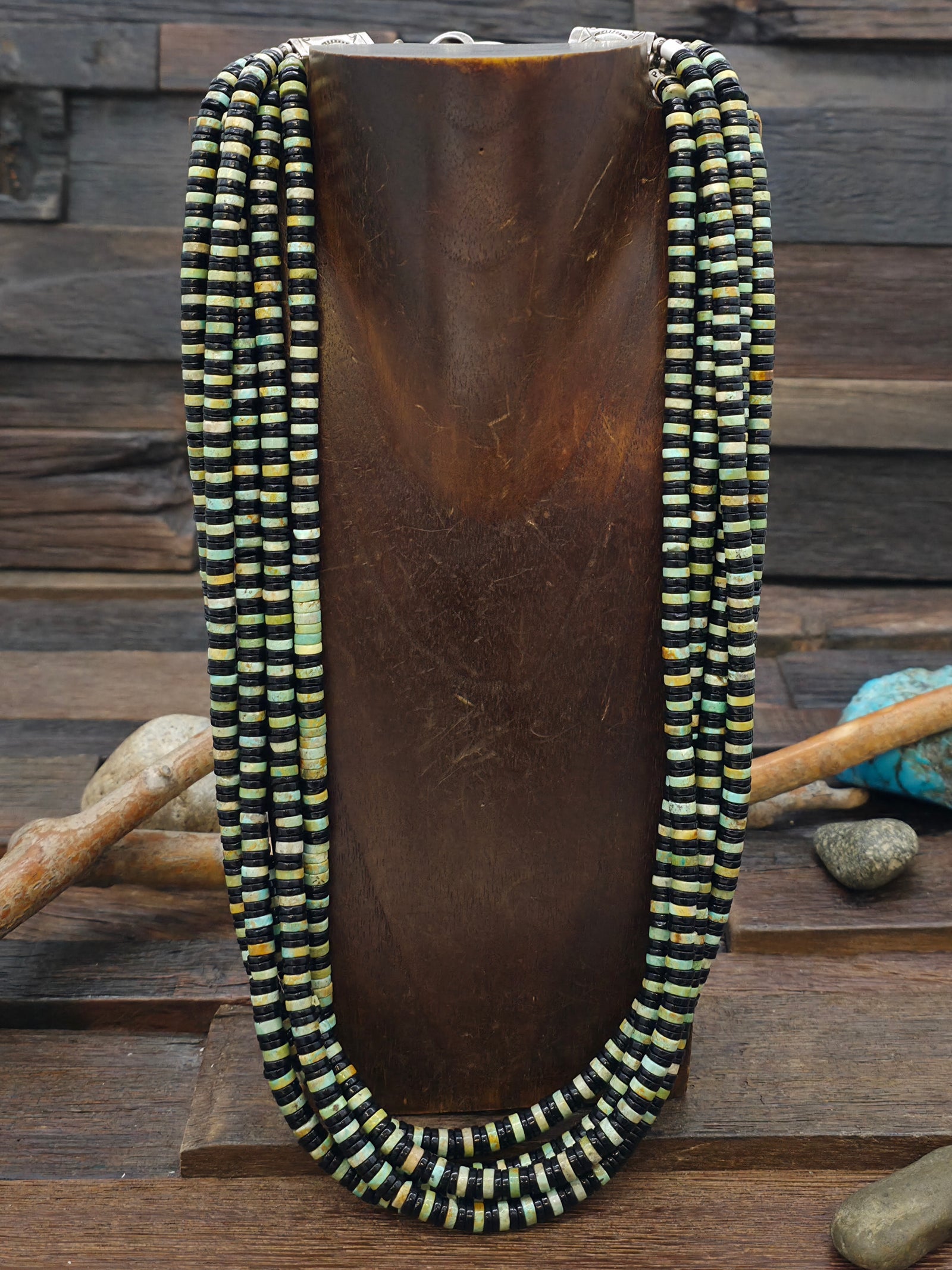 Five Strand Green Turquoise and Onyx Heishi Necklace by Fred Archuleta - 24 in.