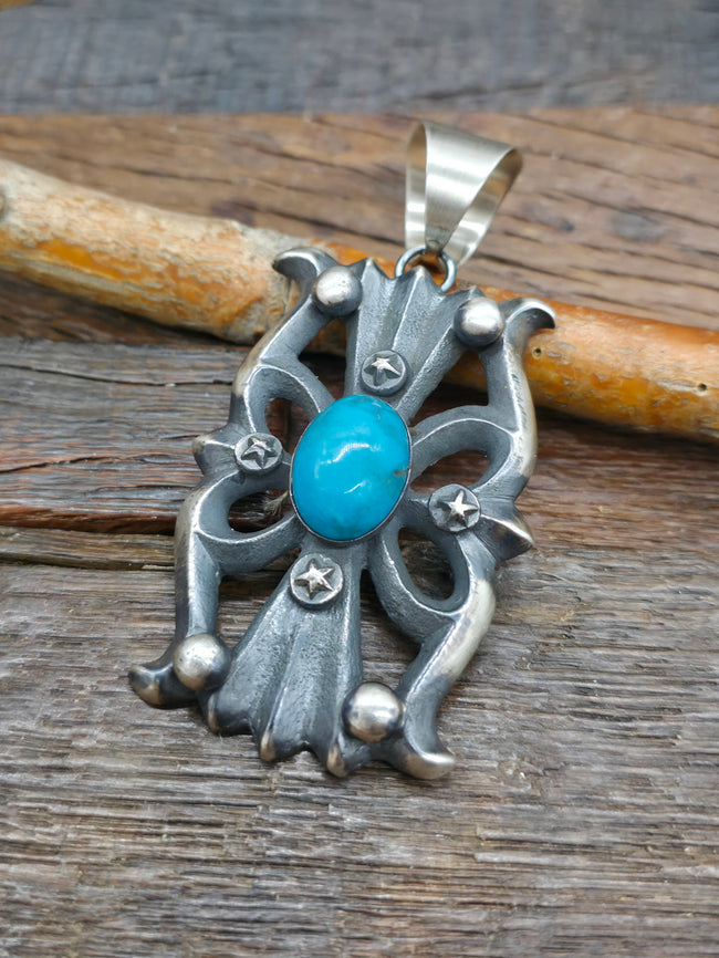 Chimney Butte Cast Sterling Silver Turquoise Pendant - 3 1/2 in. by 1 1/2 in.