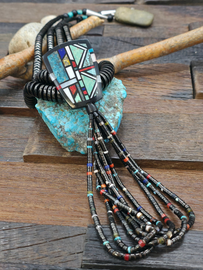 Two Strand Jet and Multi Stone Necklace with Mosaic Inlay Pendant by Chris Nieto - 25 in.