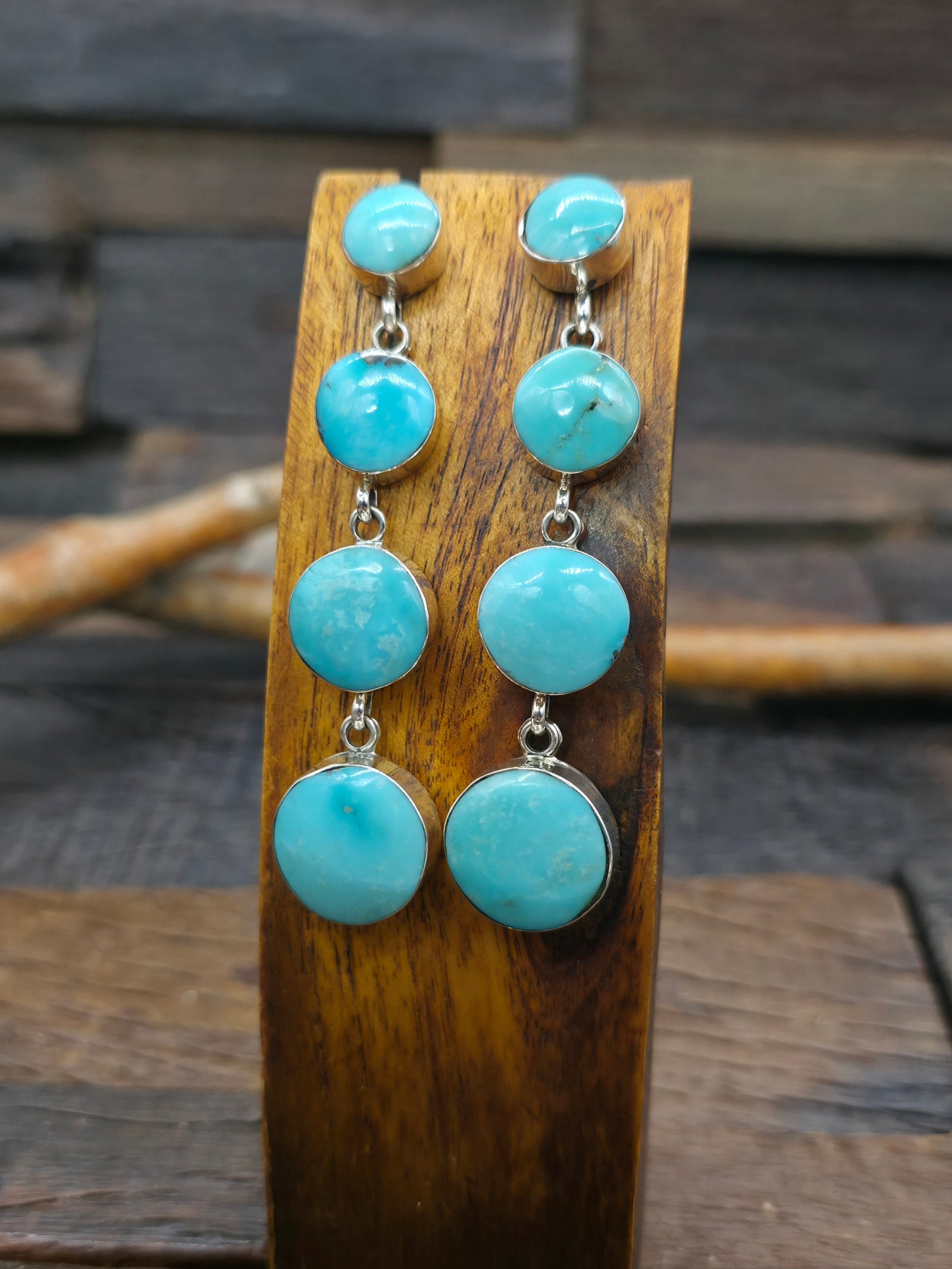 Sterling Silver Turquoise Four Stone Drop Earrings by Irvin Tsosie - 3 in. by 3/4 in.