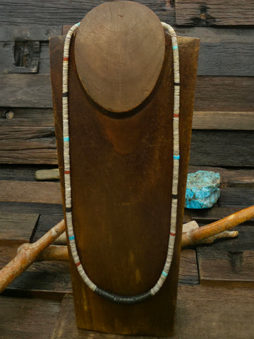 Slightly Graduated Heishi Necklace by Torevia Crespin - Jet with Turquoise Clam and Pipestone - 24 in.