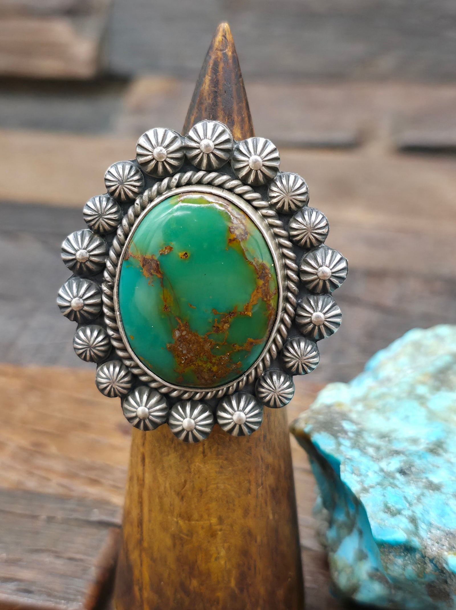 Stamped Sterling Silver Royston Turquoise Ring by "MC" - Size 10 1/2