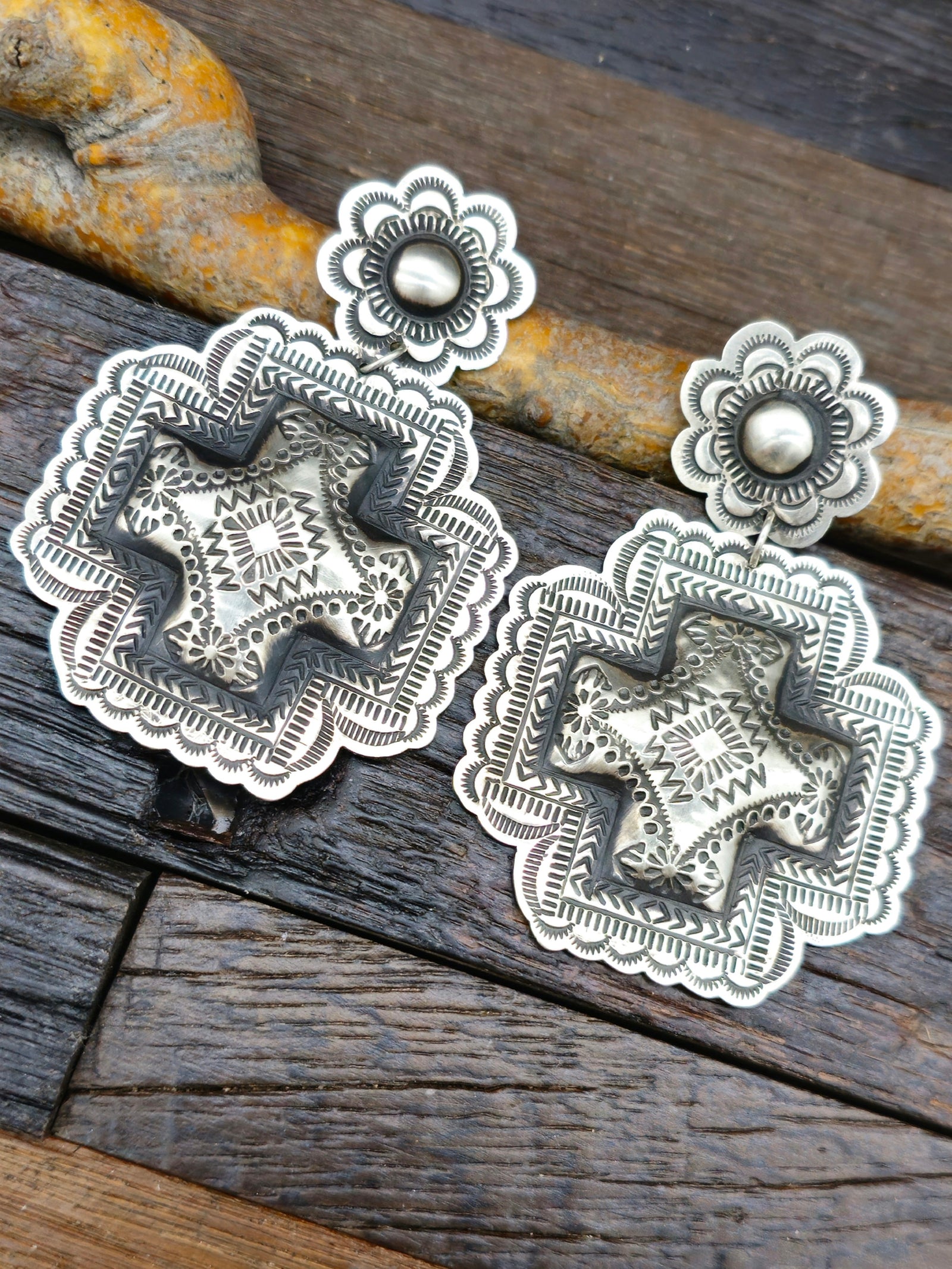Large Leander Tahe Stamped Cross Earrings