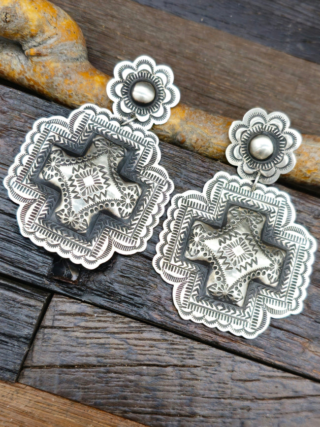 Large Leander Tahe Stamped Cross Earrings