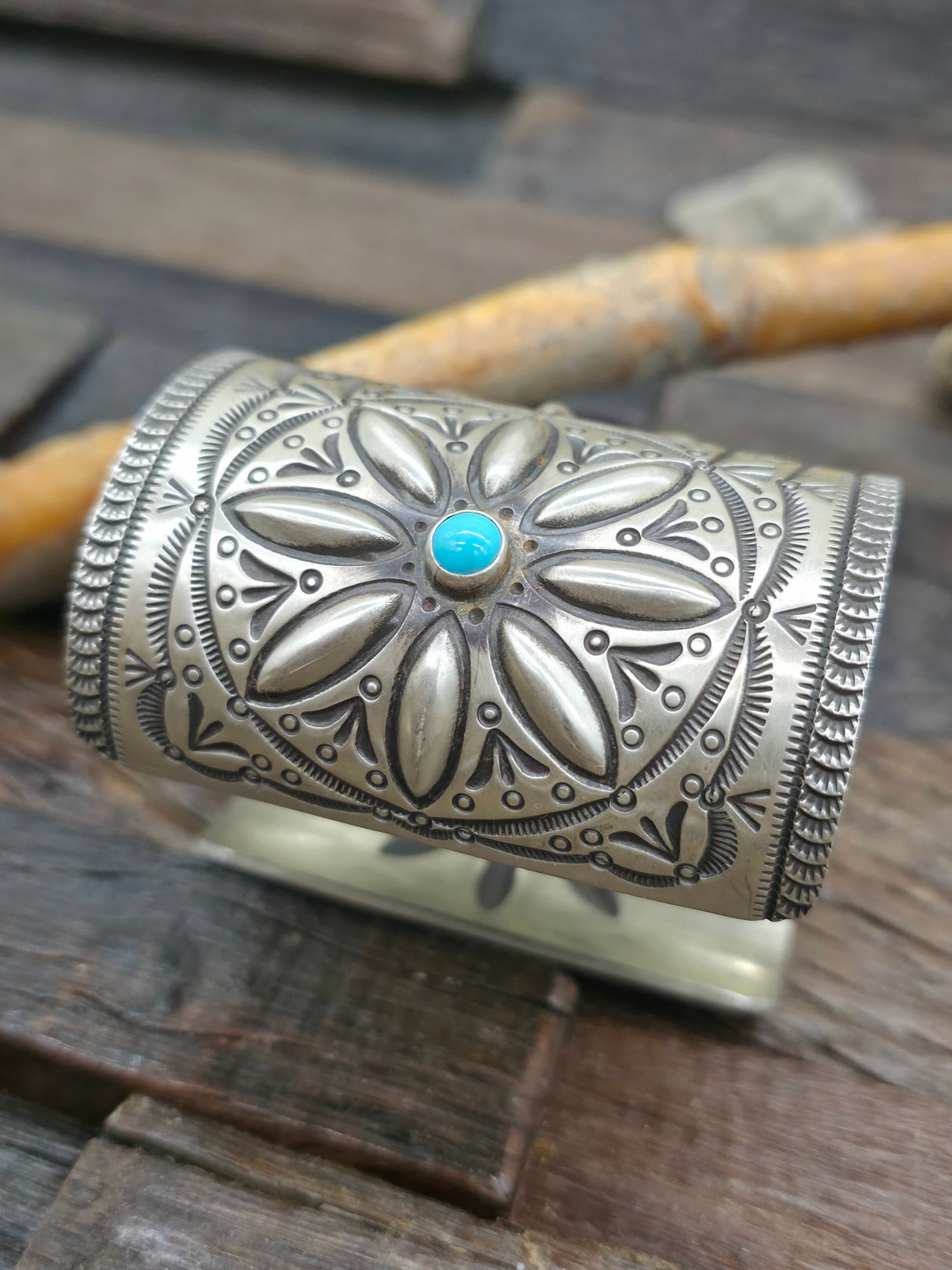 Repousse Stamped Sterling Silver Bracelet with Turquoise by Herman Smith - 6 3/4 in. with Gap