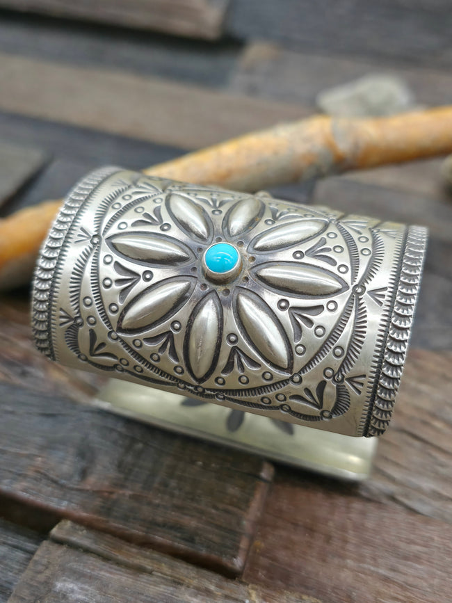 Repousse Stamped Sterling Silver Bracelet with Turquoise by Herman Smith - 6 3/4 in. with Gap
