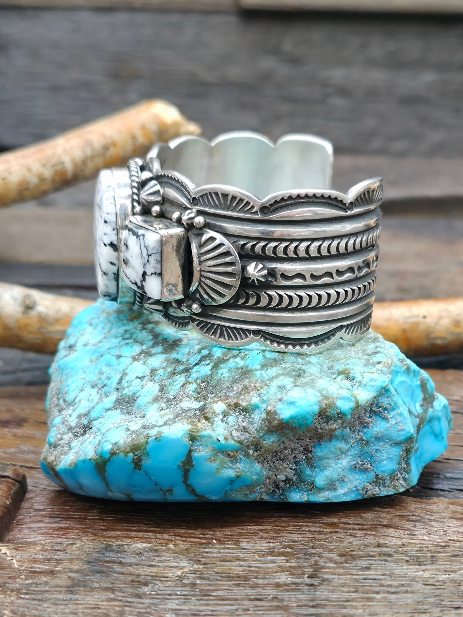 Three Stone Sterling Silver White Buffalo Cuff Bracelet by Happy Piasso - 6 1/2 in. with Gap