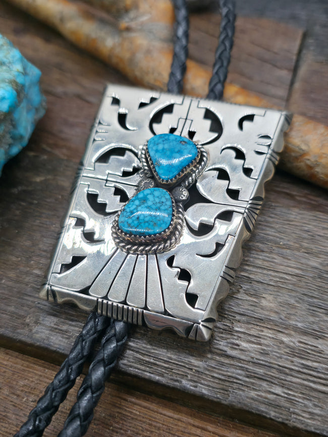 Sterling Silver Overlay with Water Web Kingman Turquoise Bolo Tie by Eugene Belone - 38 in.