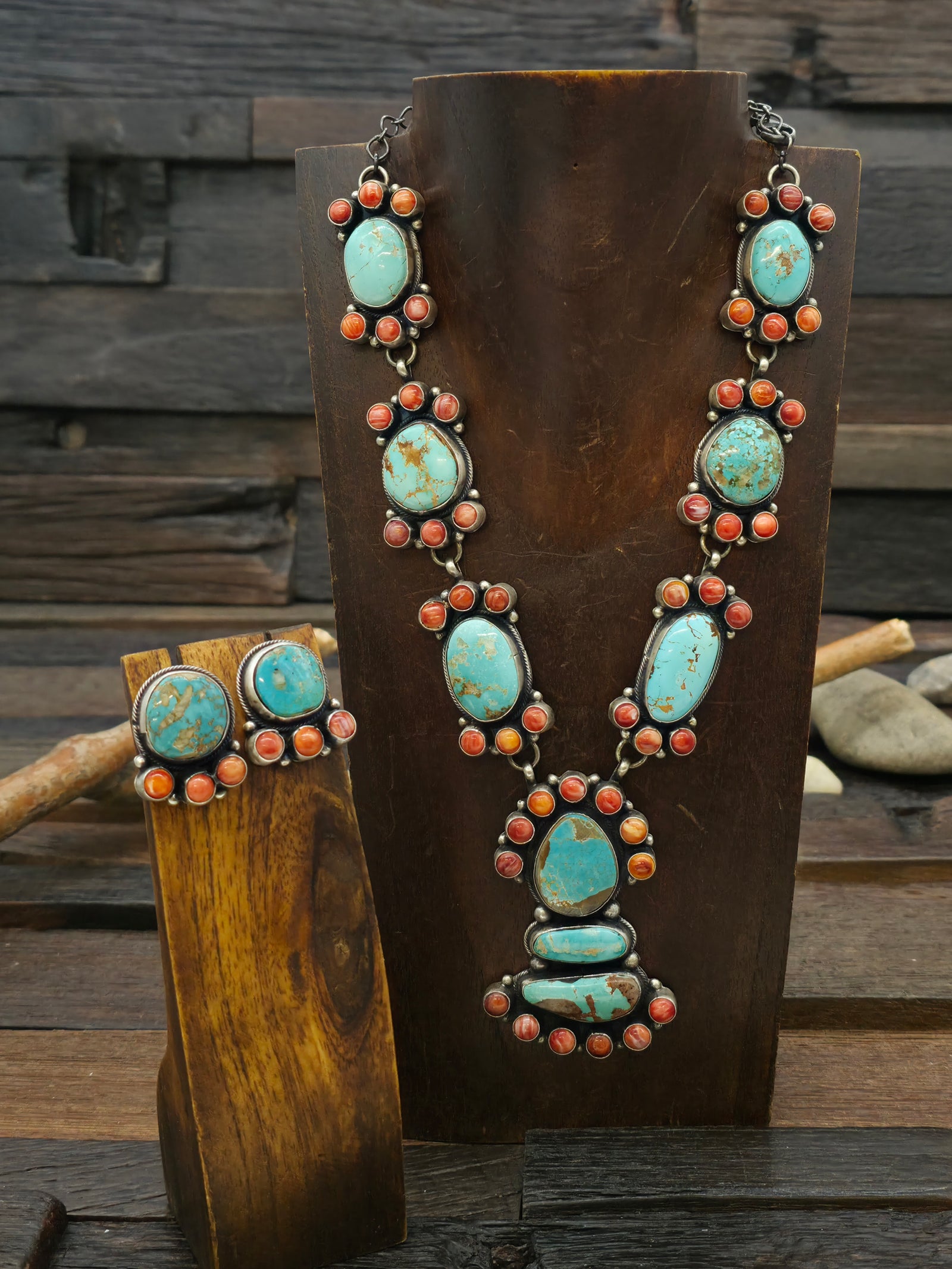 Sterling Silver Mixed Turquoise and Spiny Oyster Lariat Necklace and Earring Set by Shelia Becenti - 21 in.
