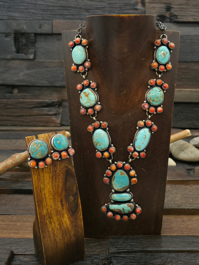 Sterling Silver Mixed Turquoise and Spiny Oyster Lariat Necklace and Earring Set by Shelia Becenti - 21 in.