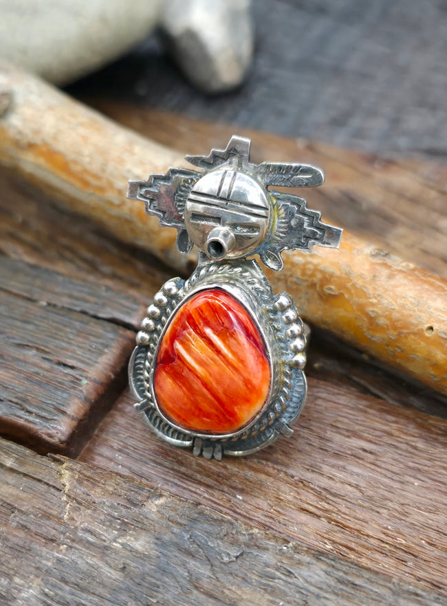 Orange Spiny Sterling Silver Kachina Ring by Bennie Ration - Size 6
