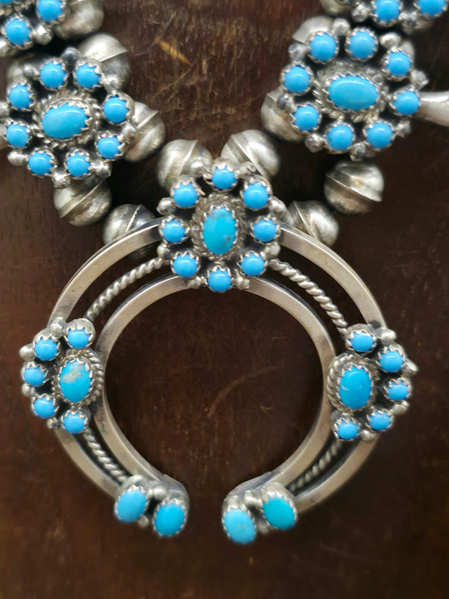 Sterling Silver Turquoise Cluster Squash Blossom Necklace and Earring Set - 22 in.