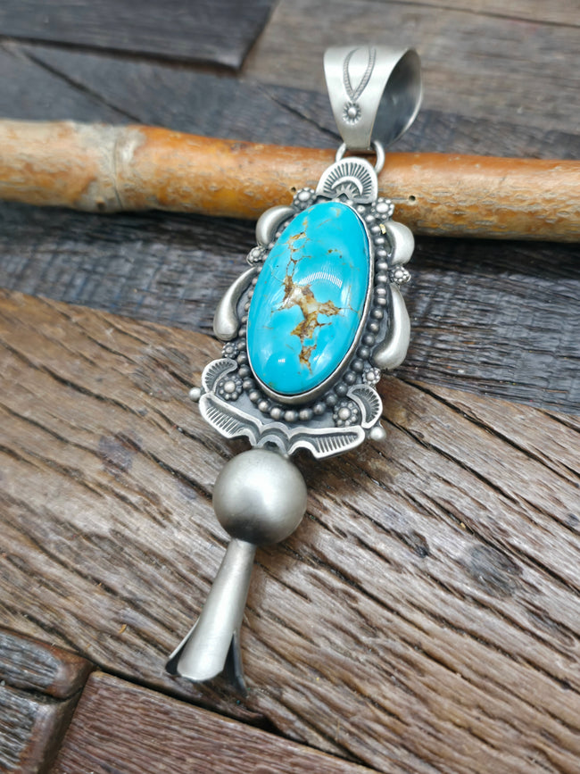 Sterling Silver and Turquoise Squash Blossom Pendant by Ronald Tom - 4 in. by 1 1/4 in.