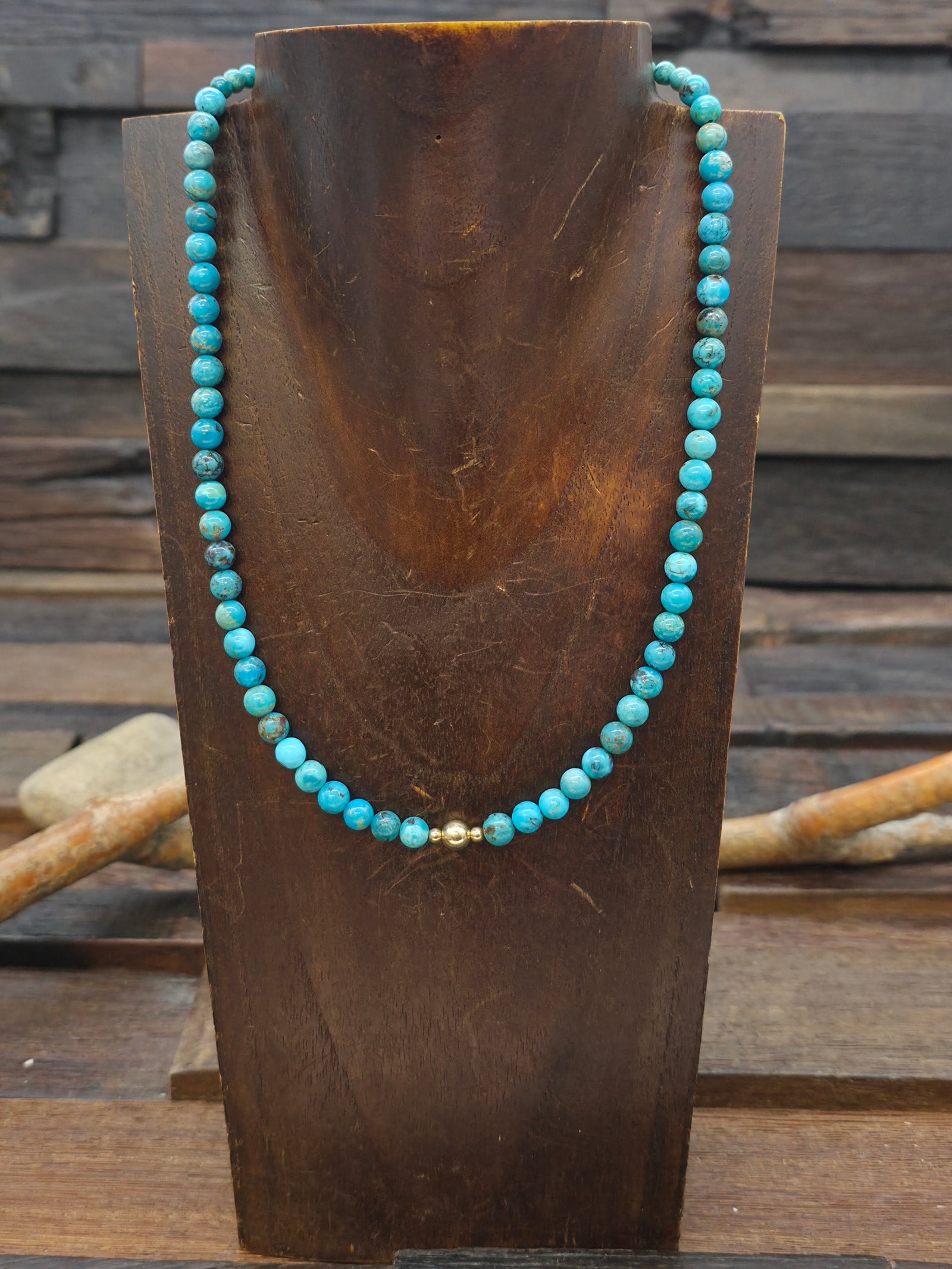 Turquoise Necklace with Three 14K Gold Beads - NON NATIVE MADE - 18 in.