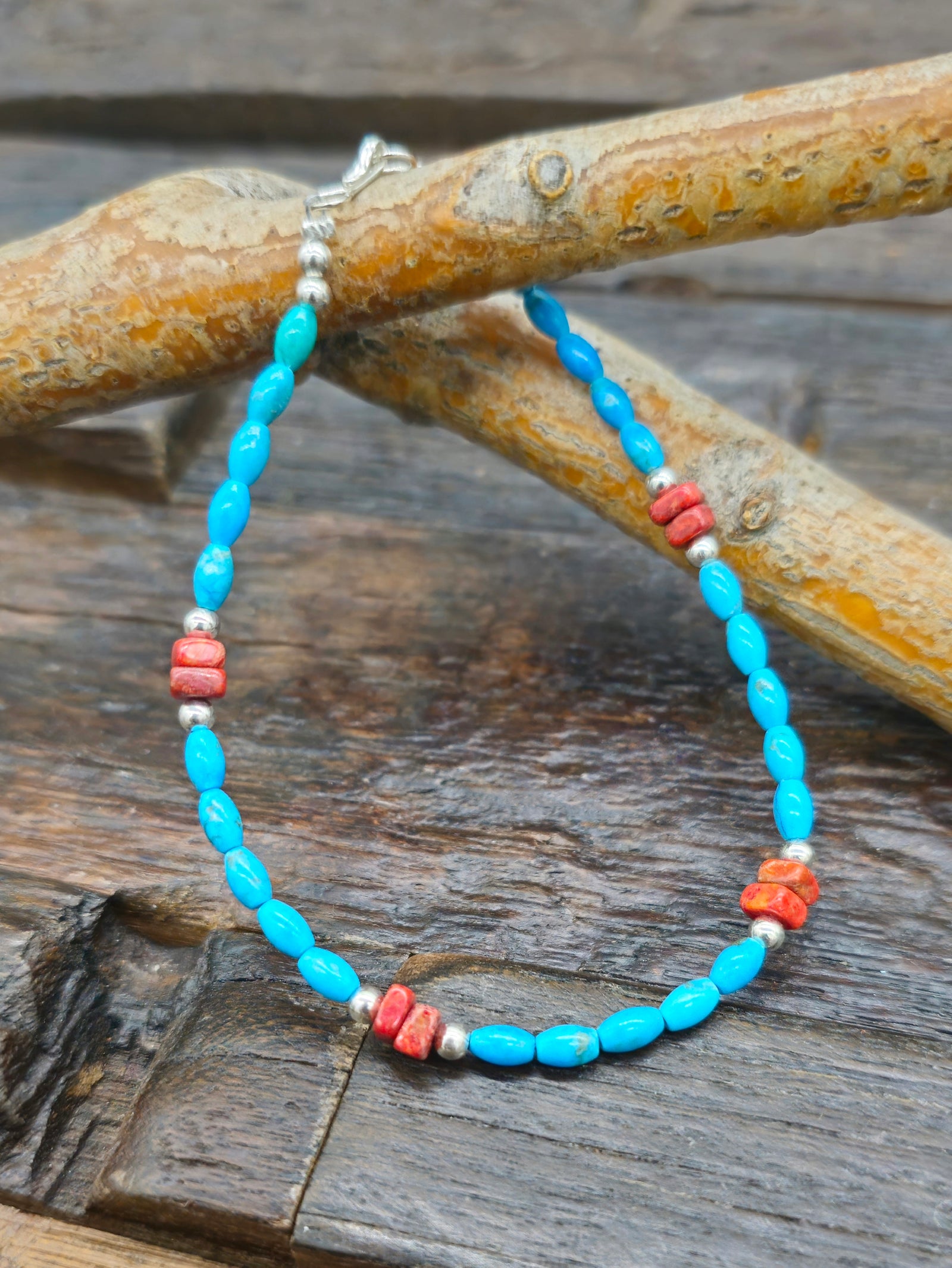 Blue Turquoise and Red Sponge Coral Bracelet - 8 in.