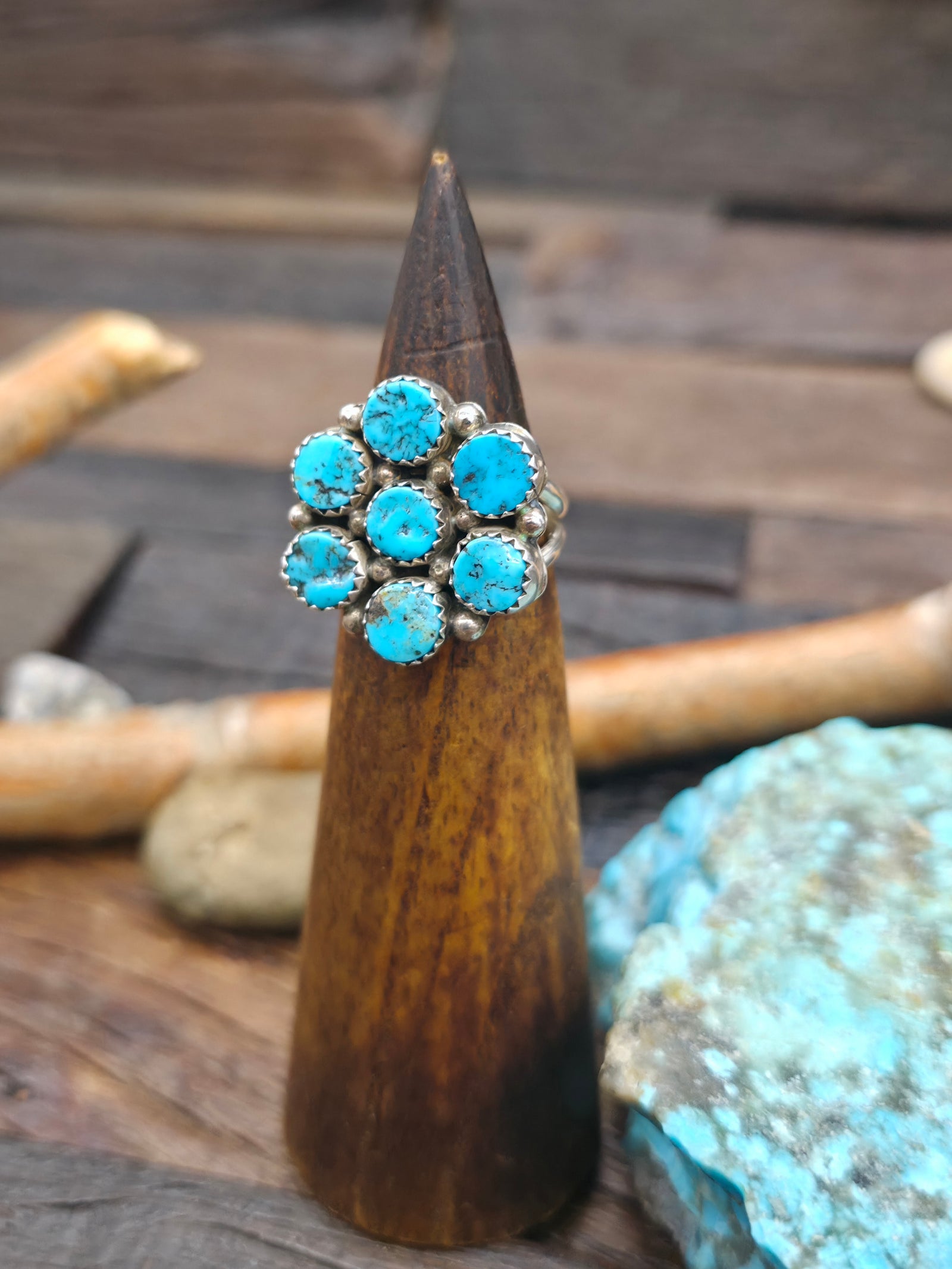 Sterling Silver Turquoise Nugget Cluster Ring by H. Etsitty - Size 7 1/2